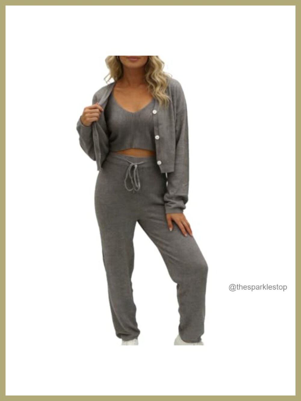 3 Piece Knit Lounge Set Cropped Cardigan Bralette High Waisted Pants Women